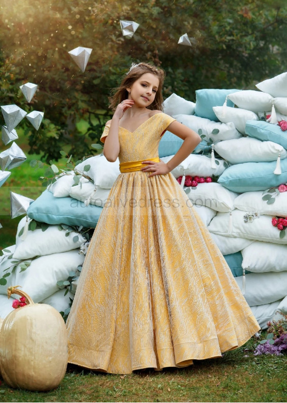 Off Shoulder Gold Lace Satin Heart Back Chic Flower Girl Dress Off Shoulder Gold Lace Satin Heart Back Chic Flower Girl Dress